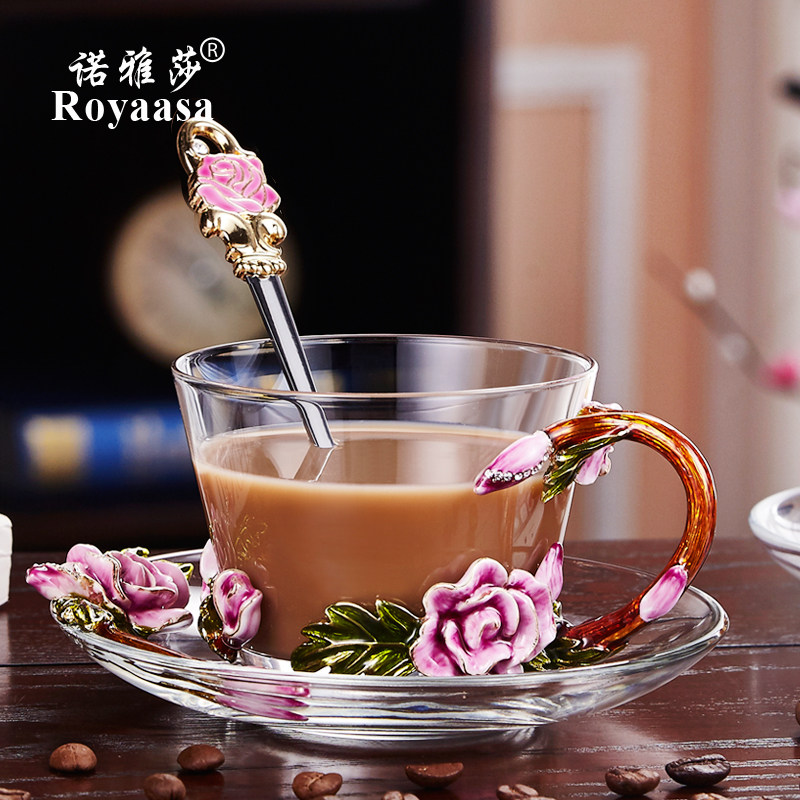 诺雅莎高档ins粉玫瑰珐琅彩咖啡杯带碟带勺套装欧式小奢华小清新