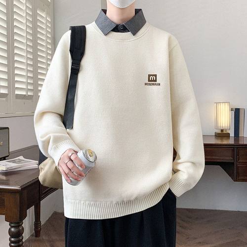 一体绒毛衣男秋冬款加绒加厚假两件长袖衣服潮牌衬衫领打底针织衫