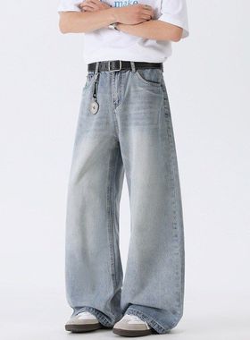 2026秋季新款牛仔裤男士宽松直筒系皮带拉链开襟浅蓝色时尚休闲裤