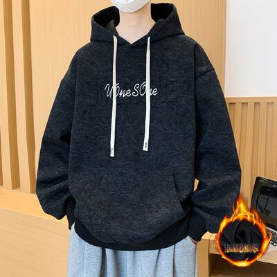 青少年加绒卫衣秋冬款男孩高中初中学生连帽外套大童秋装保暖上衣