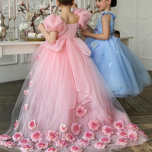 粉色走秀钢琴演奏演出服装 儿童礼服4新款 泡泡袖 公主裙拖尾