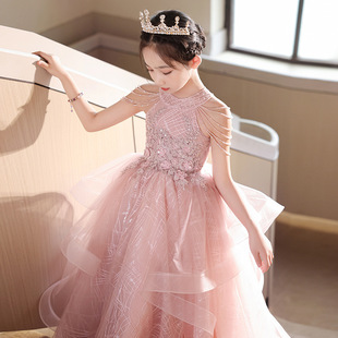 女童粉色挂脖生日公主裙4春新款 小主持人钢琴演奏儿童走秀礼服
