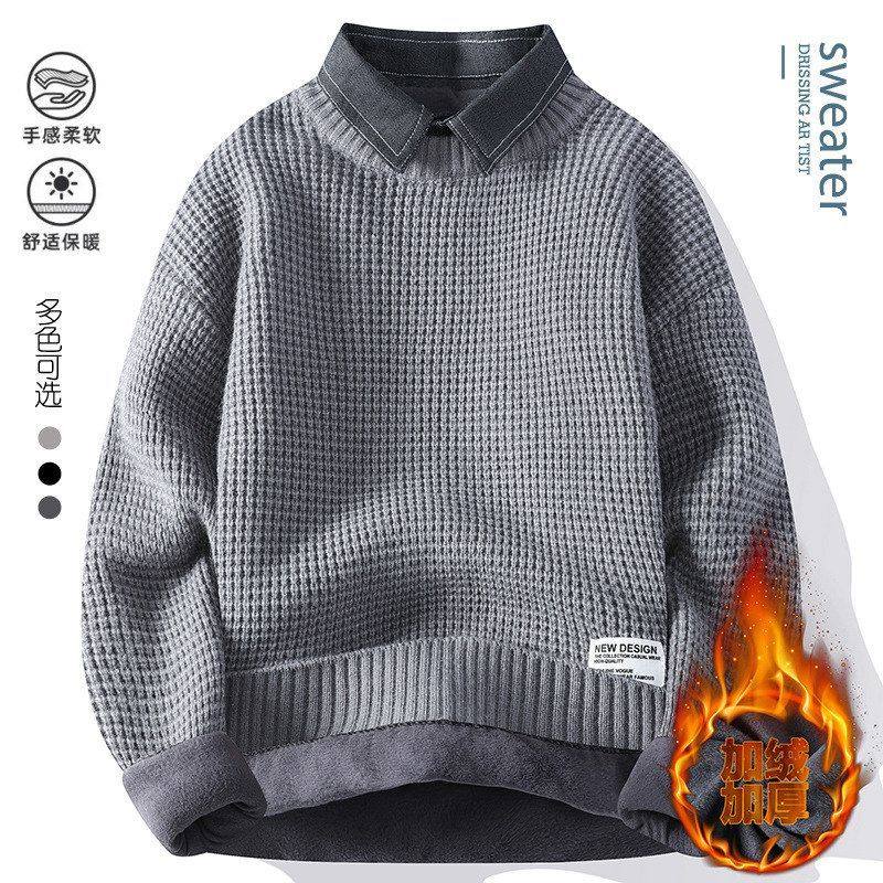 跨境秋冬休闲衬衫领假两件套头加绒加厚保暖毛衣男带领针织衫