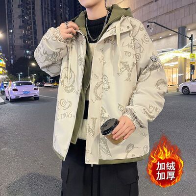 秋冬季青少年假两件外套男孩初高中学生加绒加厚夹克大童冬装棉服