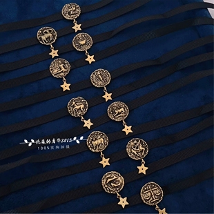 实拍正确版做旧复古12星座五角星吊坠黑色布带项链choker颈链可调