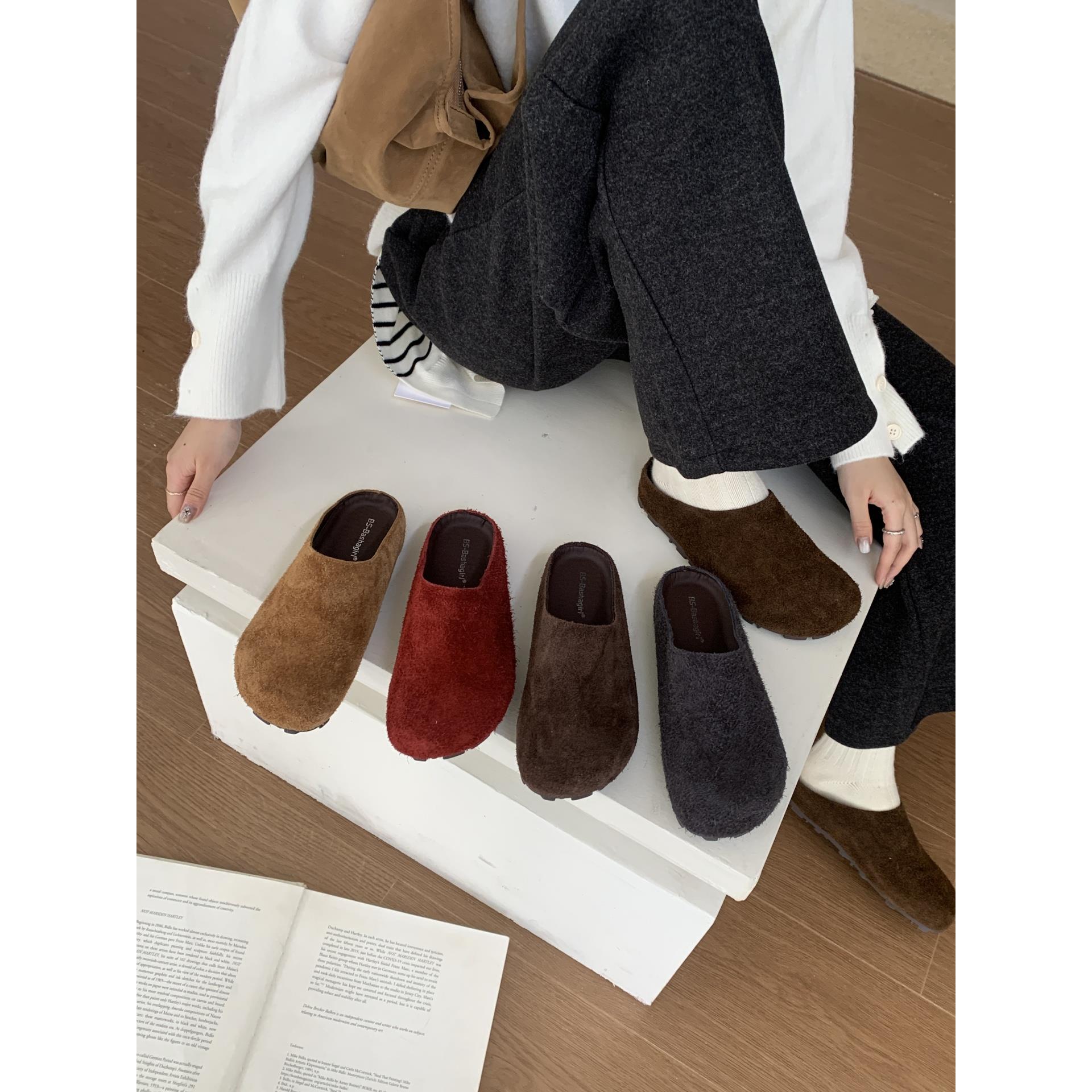 真皮勃肯鞋包头半拖鞋女鞋子外穿2025春秋季一脚蹬软底博肯鞋单鞋