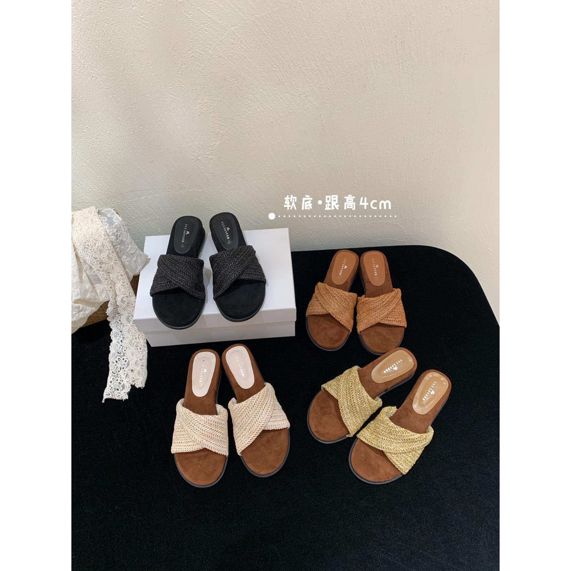 韩版复古内编织一字拖女夏外穿2025新款时尚百搭配裙子凉拖鞋