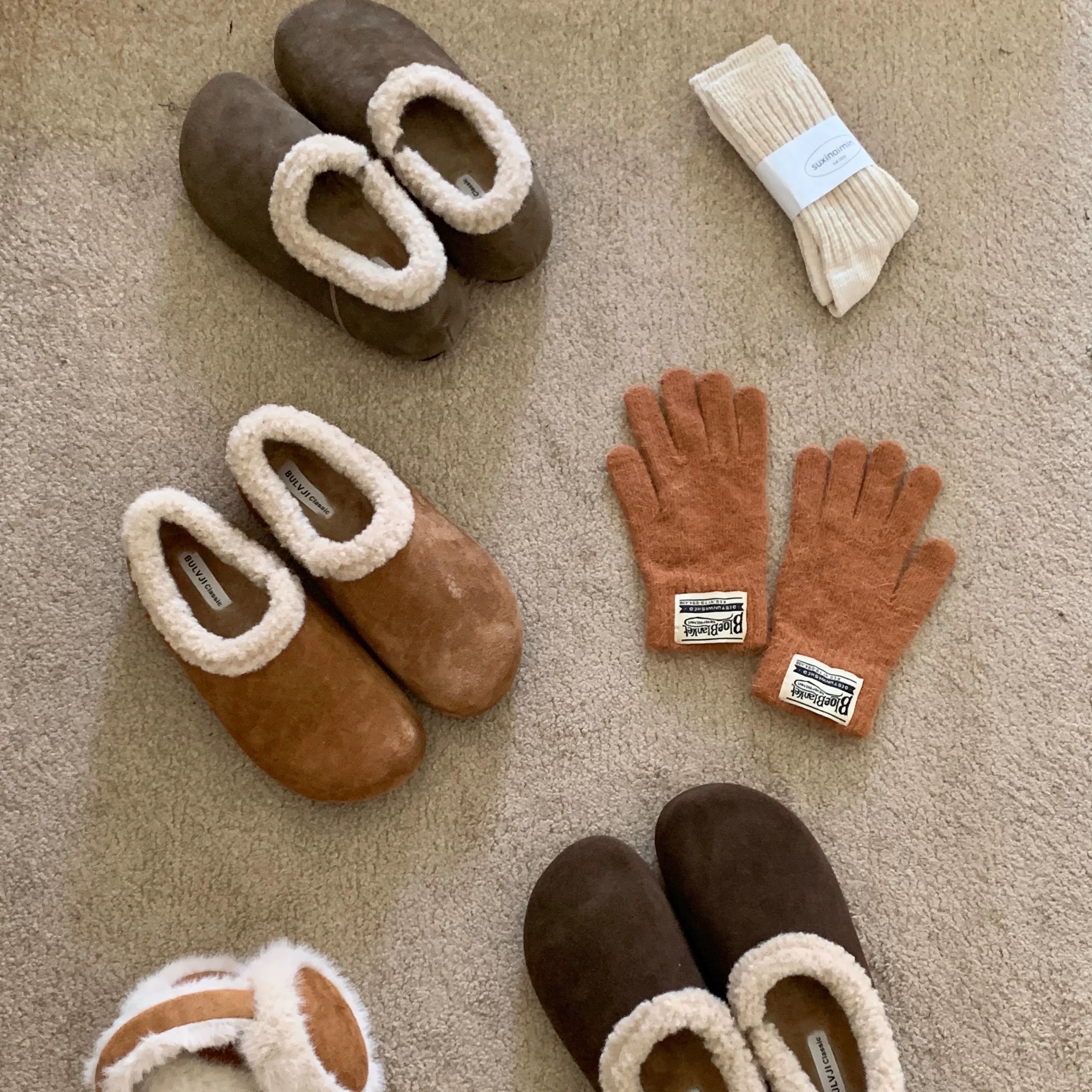 内增高小土豆真皮勃肯鞋女厚底加绒保暖棉鞋复古丑萌一脚蹬毛毛鞋