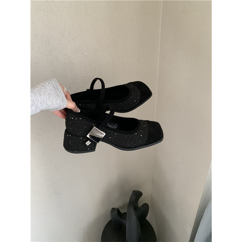 粗跟小香风金属扣单鞋女2025春季新款女鞋拼色亮片方头法式玛丽珍