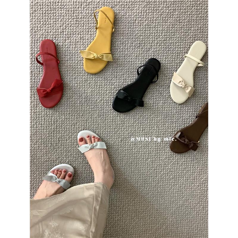 法式蝴蝶结银色凉拖鞋海边外穿女鞋春夏森系温柔平底凉鞋女款拖鞋