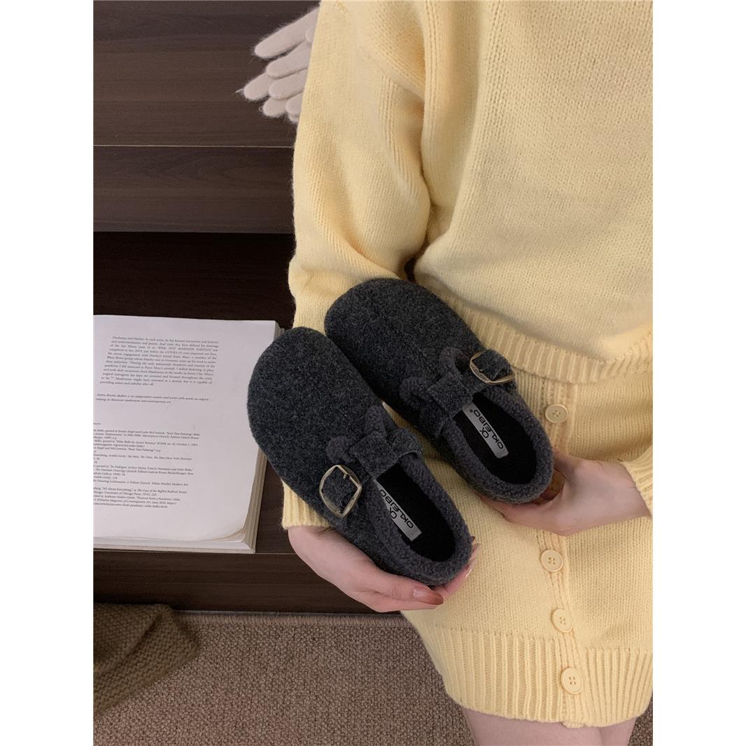 平底呢子勃肯鞋皮带扣单鞋女2025秋冬新款韩版毛毛鞋保暖加绒棉鞋
