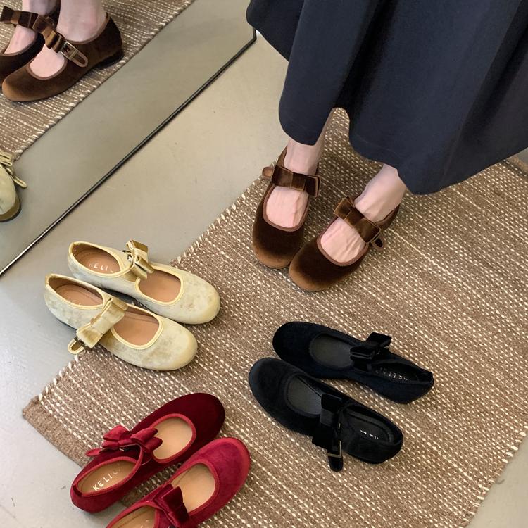 红色低跟绒面高级感单鞋女鞋2024新款春秋季法式气质温柔玛丽珍鞋