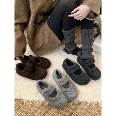勃肯鞋女鞋冬季玛丽珍毛昵鞋灰色内复古加绒毛毛厚底超火单鞋