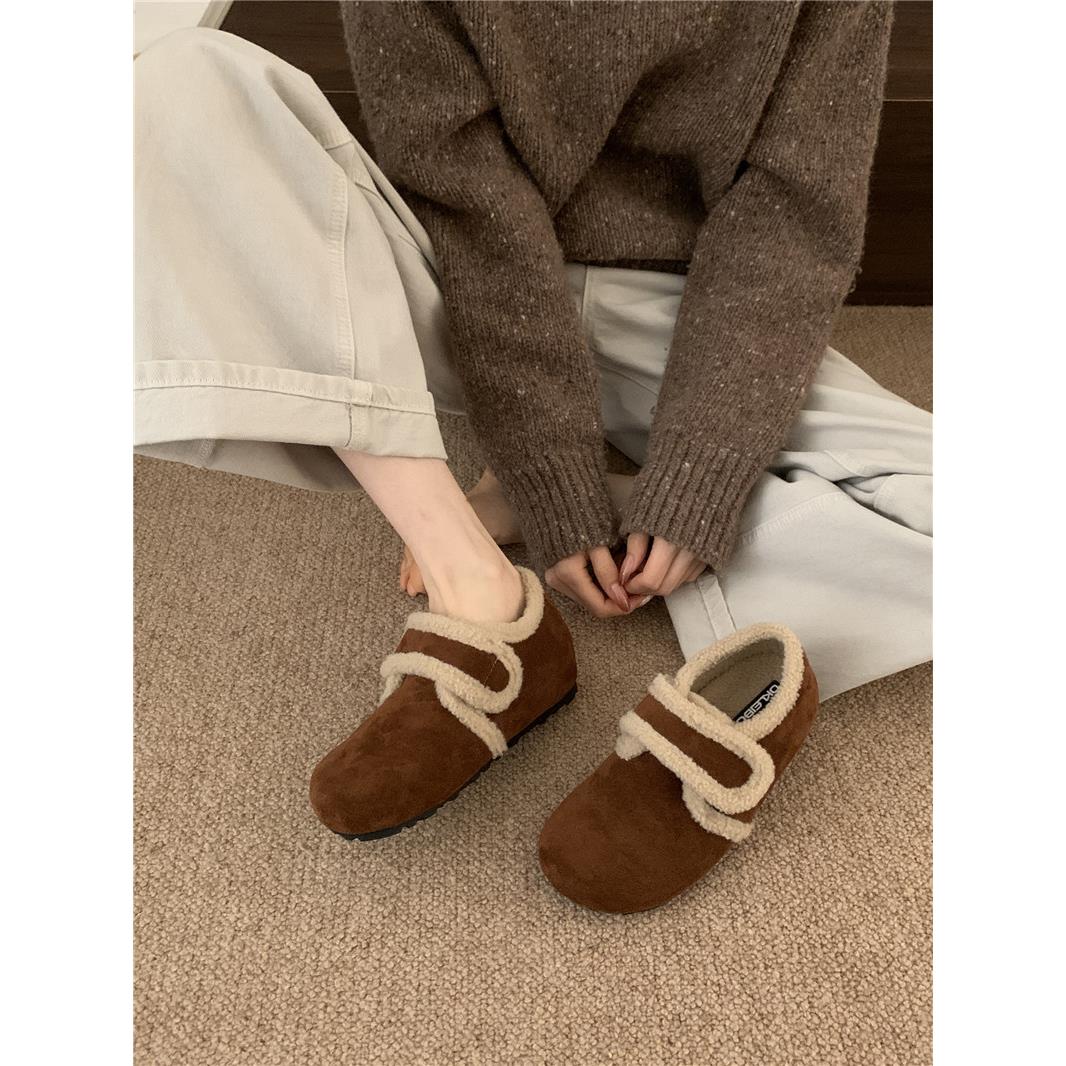 高跟内增高勃肯鞋魔术贴单鞋女2025秋冬新款毛毛鞋保暖加绒棉鞋女