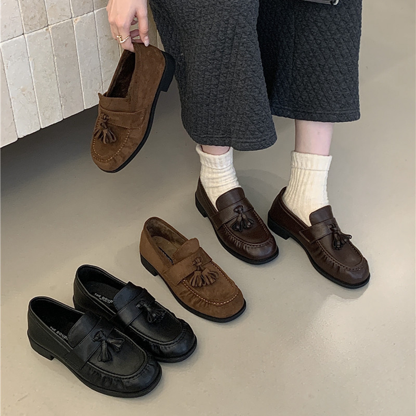 英伦风低跟流苏乐福鞋女2025秋冬新款韩版小皮鞋保暖加绒深口单鞋