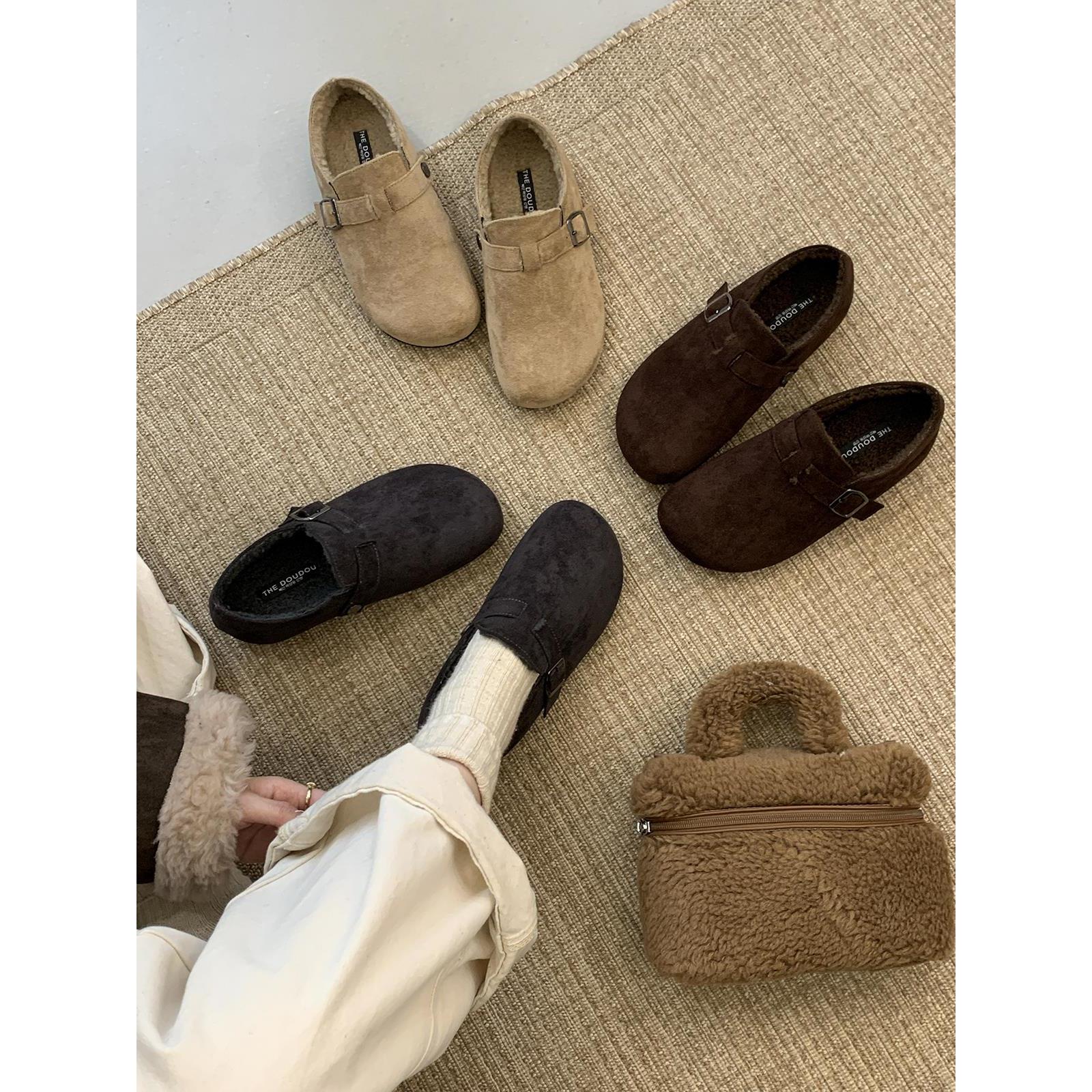 软底加绒勃肯鞋女2025平底单鞋一脚蹬懒人时尚百搭复古豆豆乐福潮