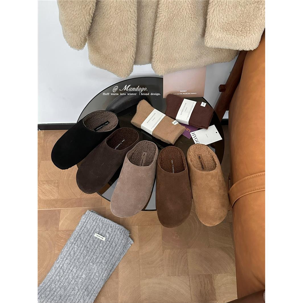 简约磨砂皮包头半拖鞋女外穿2025秋冬新款毛毛鞋棉拖加绒勃肯鞋女