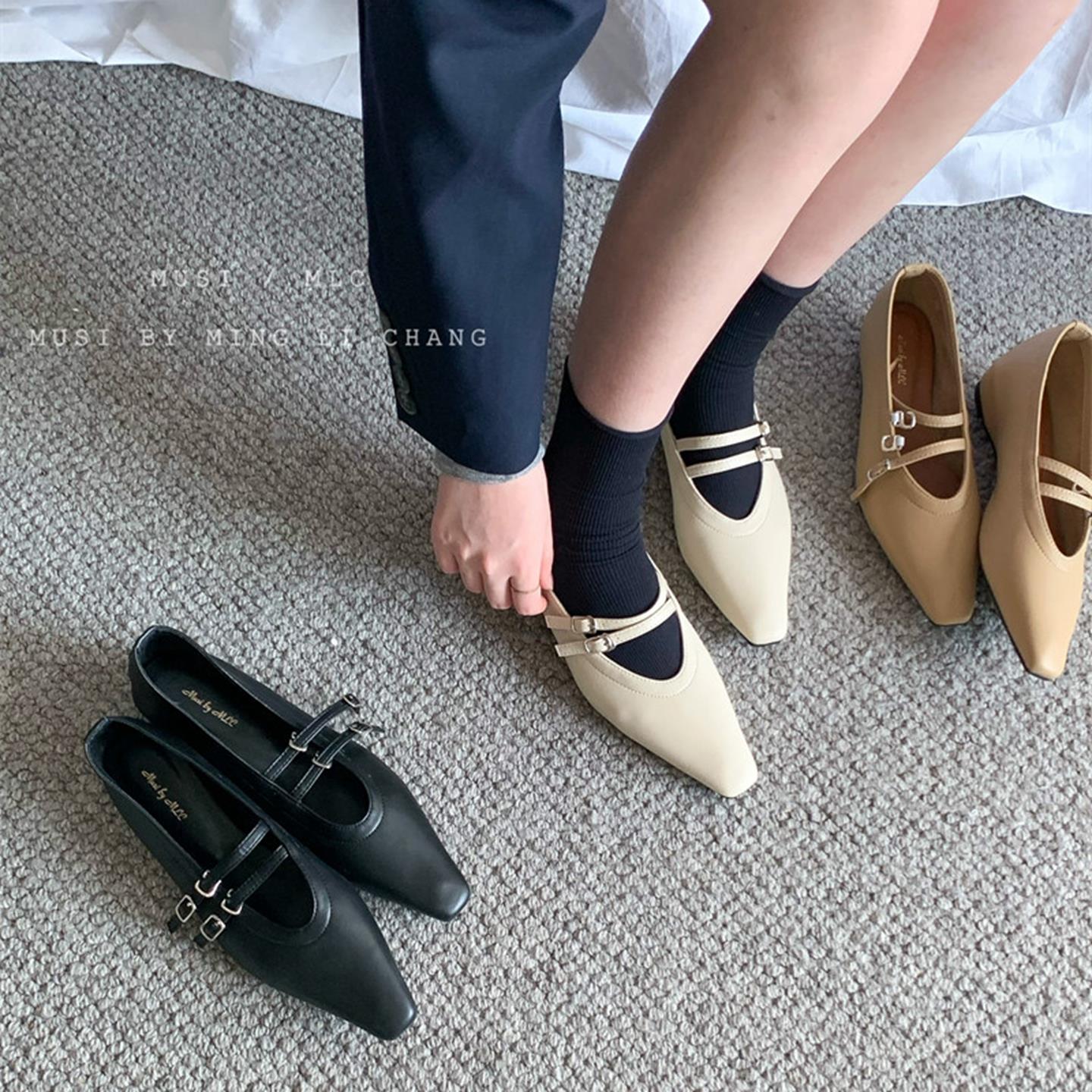 内尖头浅口单鞋女2025新款JK制服鞋小皮鞋韩版一字带玛丽珍鞋