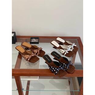 SHOE 2026韩版 波点蝴蝶结方头坡跟拖鞋 女外穿露趾一脚蹬凉拖 REN
