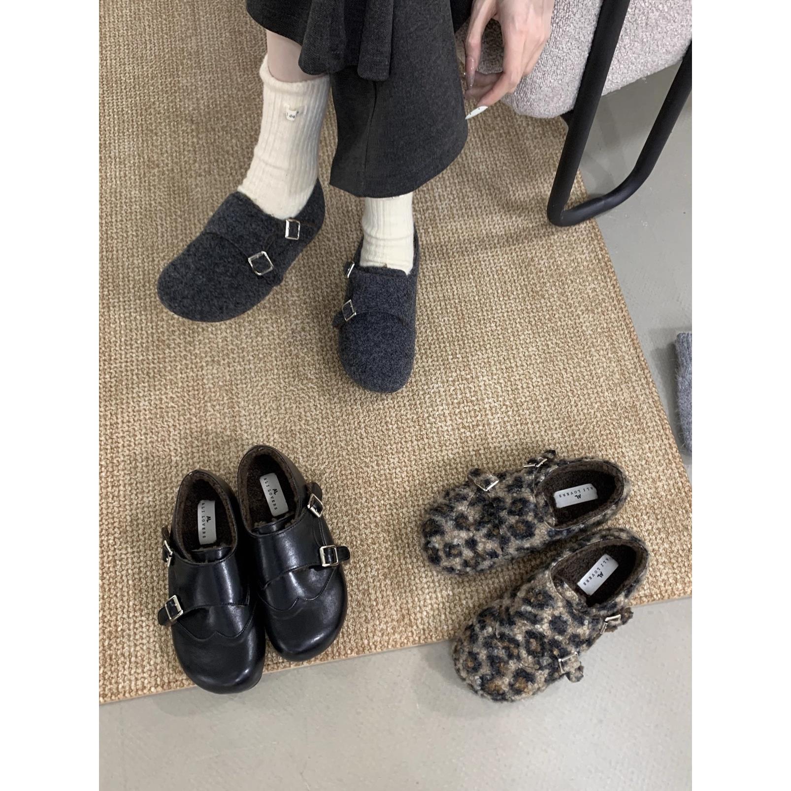 韩版灰色毛呢单鞋女款加绒2025年冬季新款厚底爆款超火复古勃肯鞋