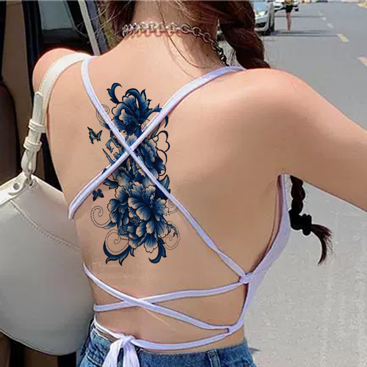 7张彩妆蓝色牡丹性感防水女持久仿真花朵舞台妆容花臂疤痕纹身贴
