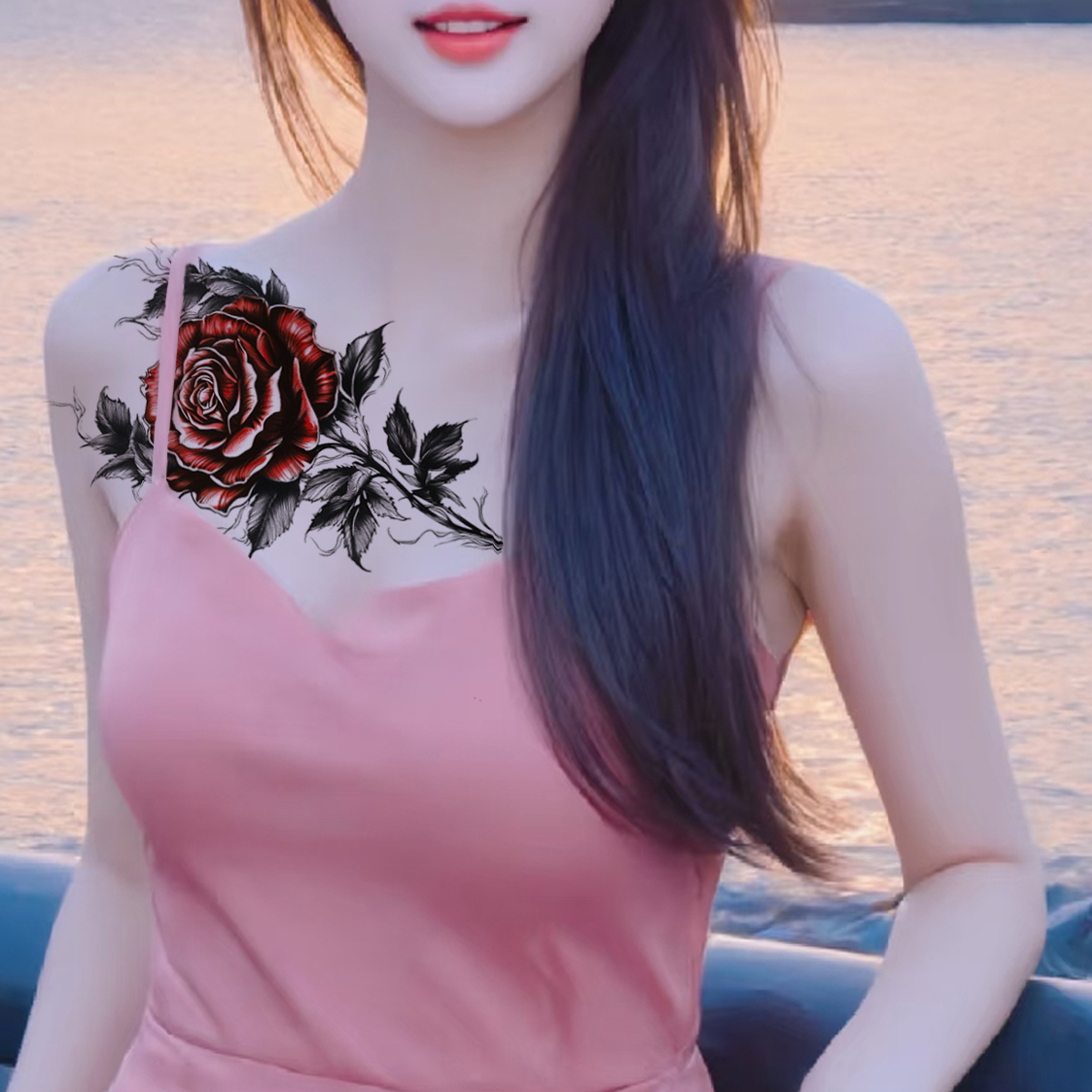 5张玫瑰花纹身贴防水持久疤痕女剖腹产性感腰部花朵仿真网红刺青