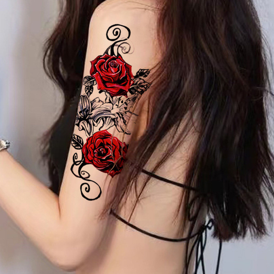 大图女款纹身贴刺青玫瑰花朵防水性感胳膊锁骨腿腹剖腹产遮疤痕背