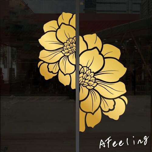 古典花纹喜庆牡丹店铺厨房推拉玻璃移门卧室柜门卫生间装饰贴纸画