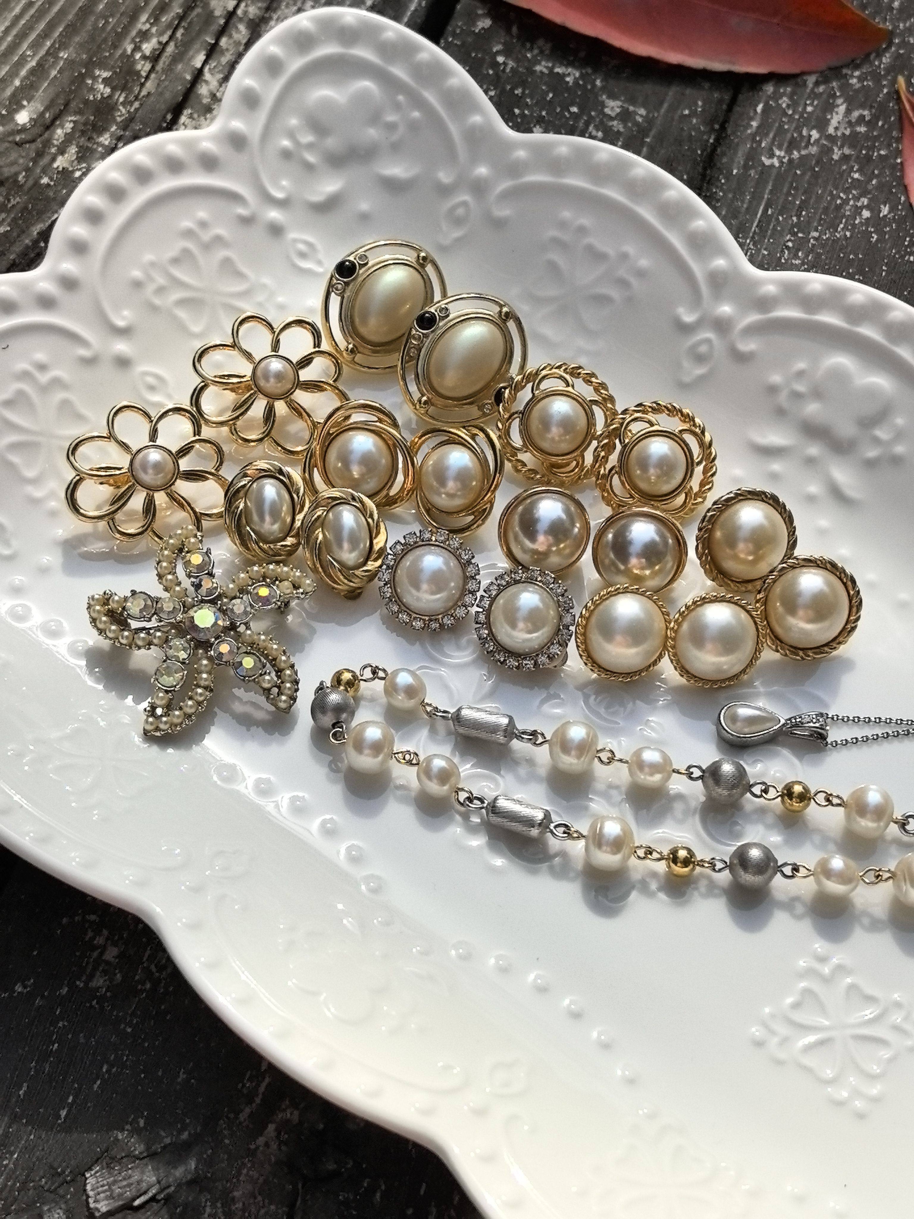 中古首饰孤品欧美回流Avon Monet KJL仿珍珠项链耳夹耳钉胸针