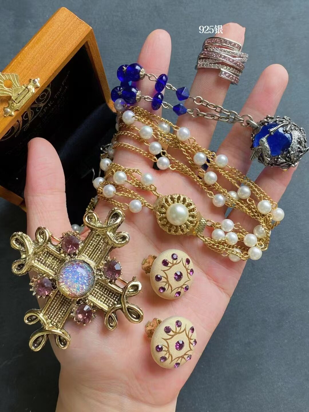 中古Vintage海外回流925纯银方糖爪镶莱茵石手链多层手链项链孤品