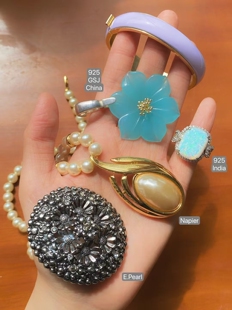 Vintage中古首饰Napier蛋面仿珠项链E.pearl胸针珐琅手镯孤品