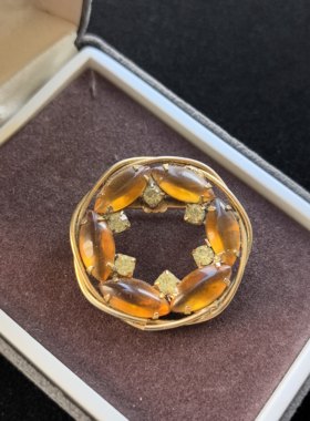 中古vintage复古素金仿琥珀琉璃胸针孤品