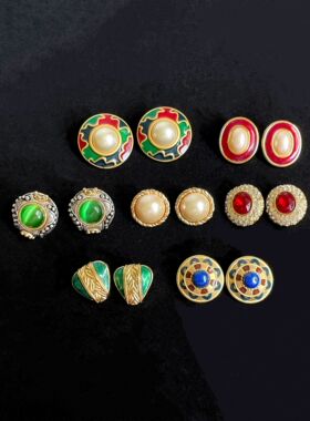 vintage中古欧美夸张耳夹珍珠宝石奢华耳夹小众设计师MONET/ROMAN