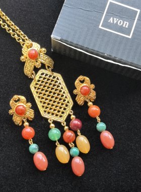 Avon新中式素金琉璃项链耳钉扫肩套装原盒中古Vintage