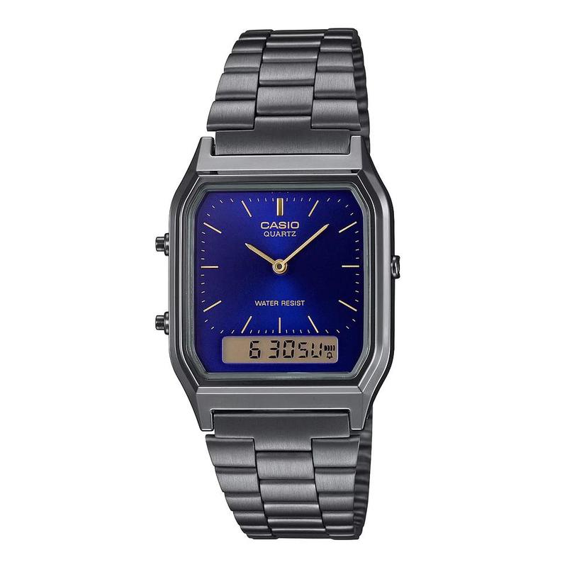 卡西欧男女腕表计时闹钟日期双显金属钢带防水蓝盘商务休闲手表