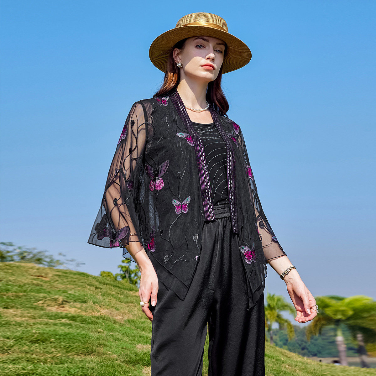 中年妈妈夏装短外套网纱刺绣上衣洋气蕾丝衫外搭女2025新款