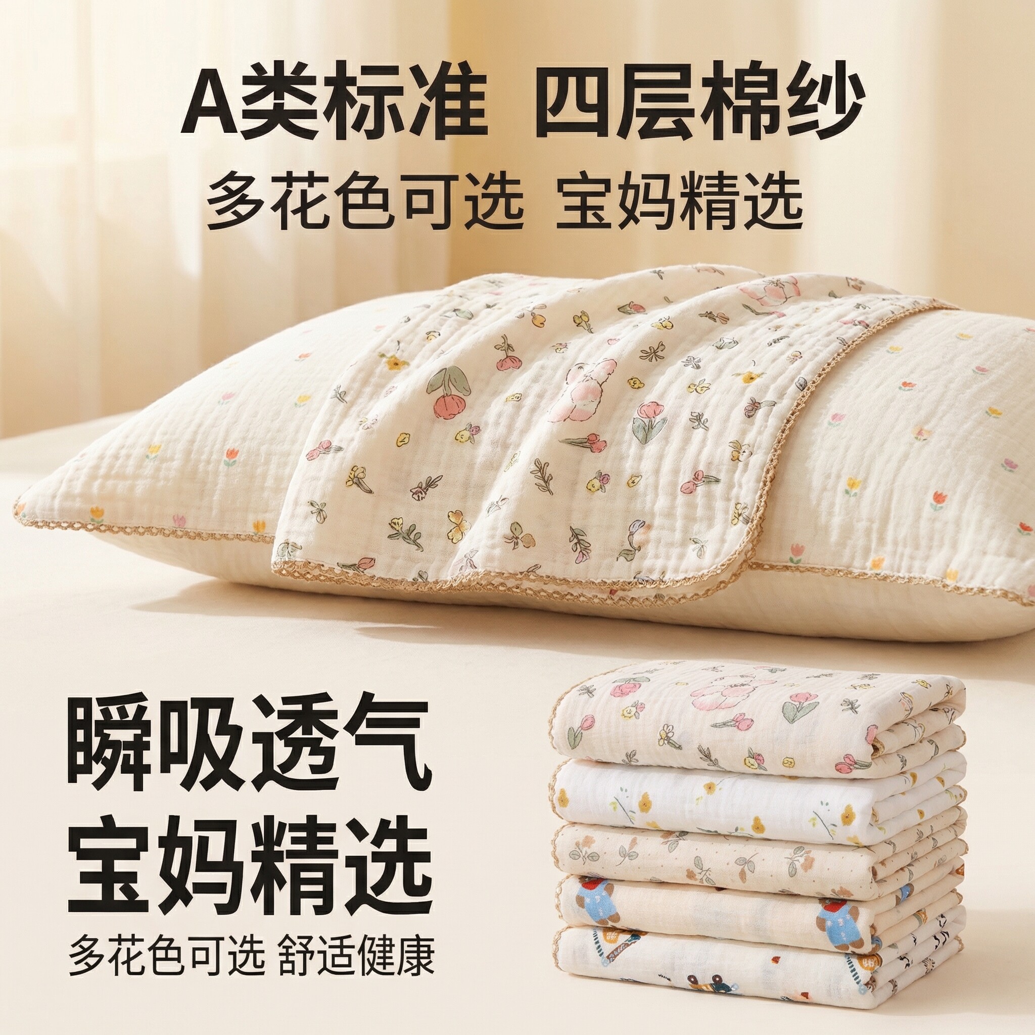儿童枕巾纯棉a类婴幼儿宝宝防口水四层纱布吸汗四季通用枕头巾图片