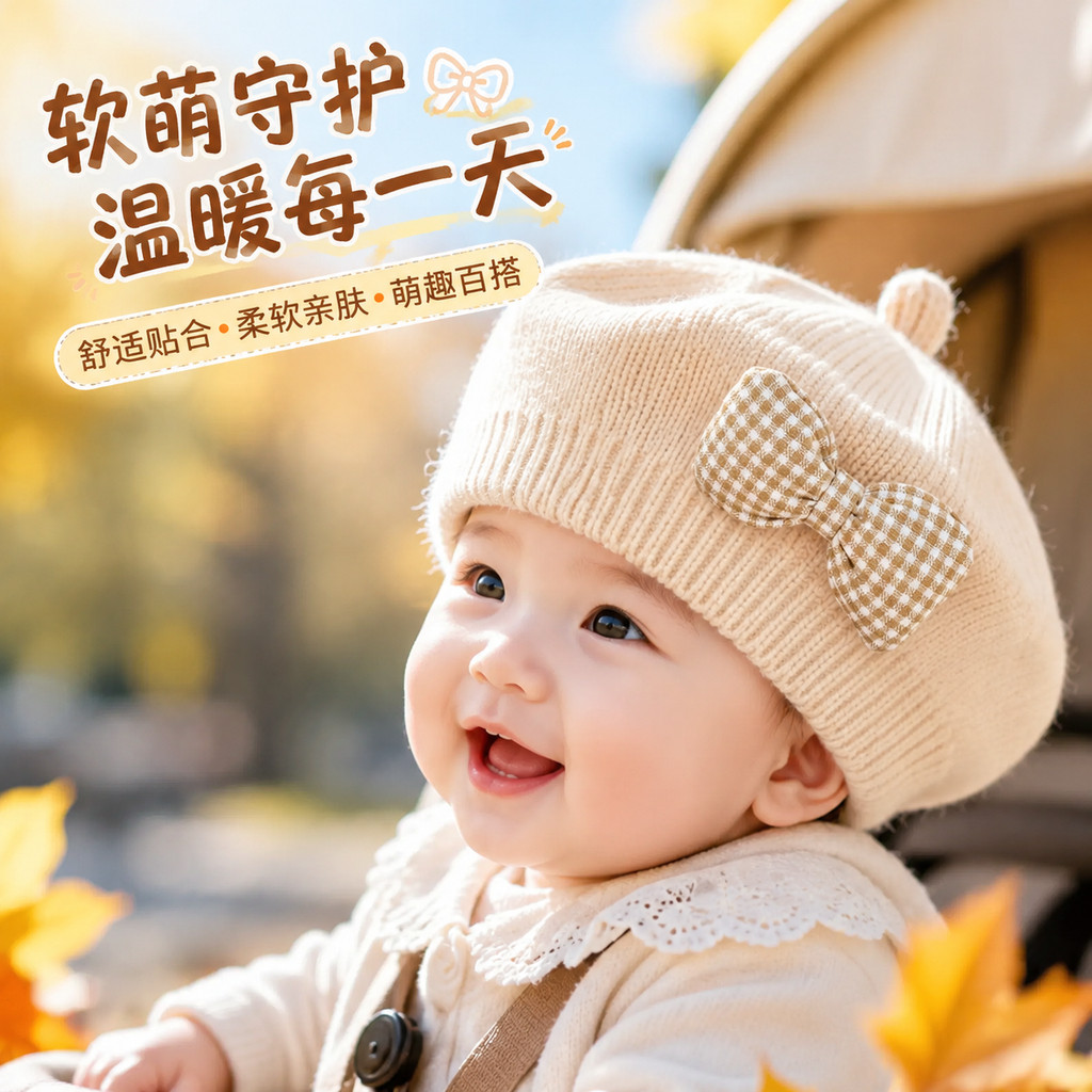 婴儿帽子6到12个月秋冬可爱小月龄洋气女宝宝儿童贝雷帽针织毛线