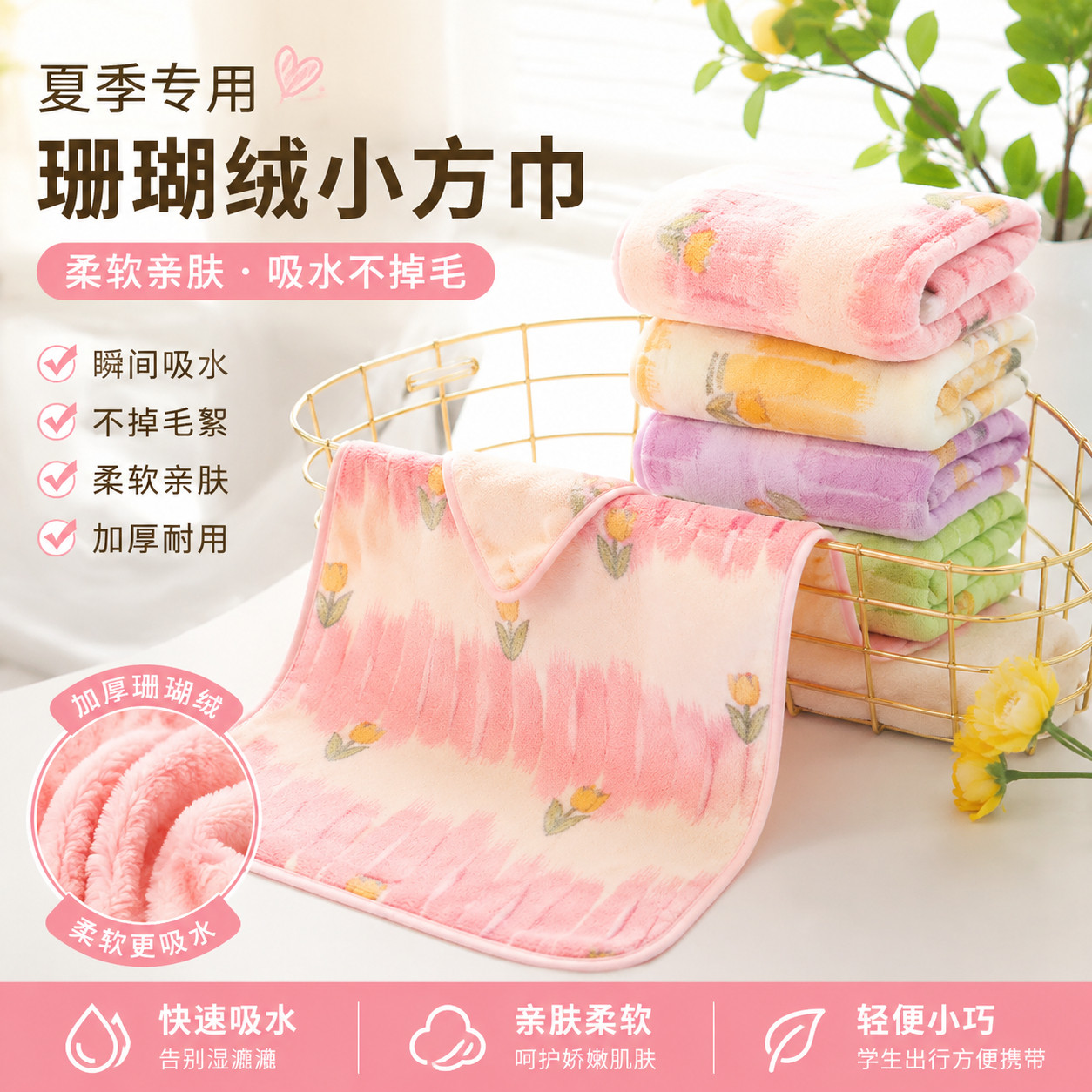 女士专用洗脸毛巾夏季擦汗珊瑚绒吸水不掉毛加厚学生亲肤小方巾