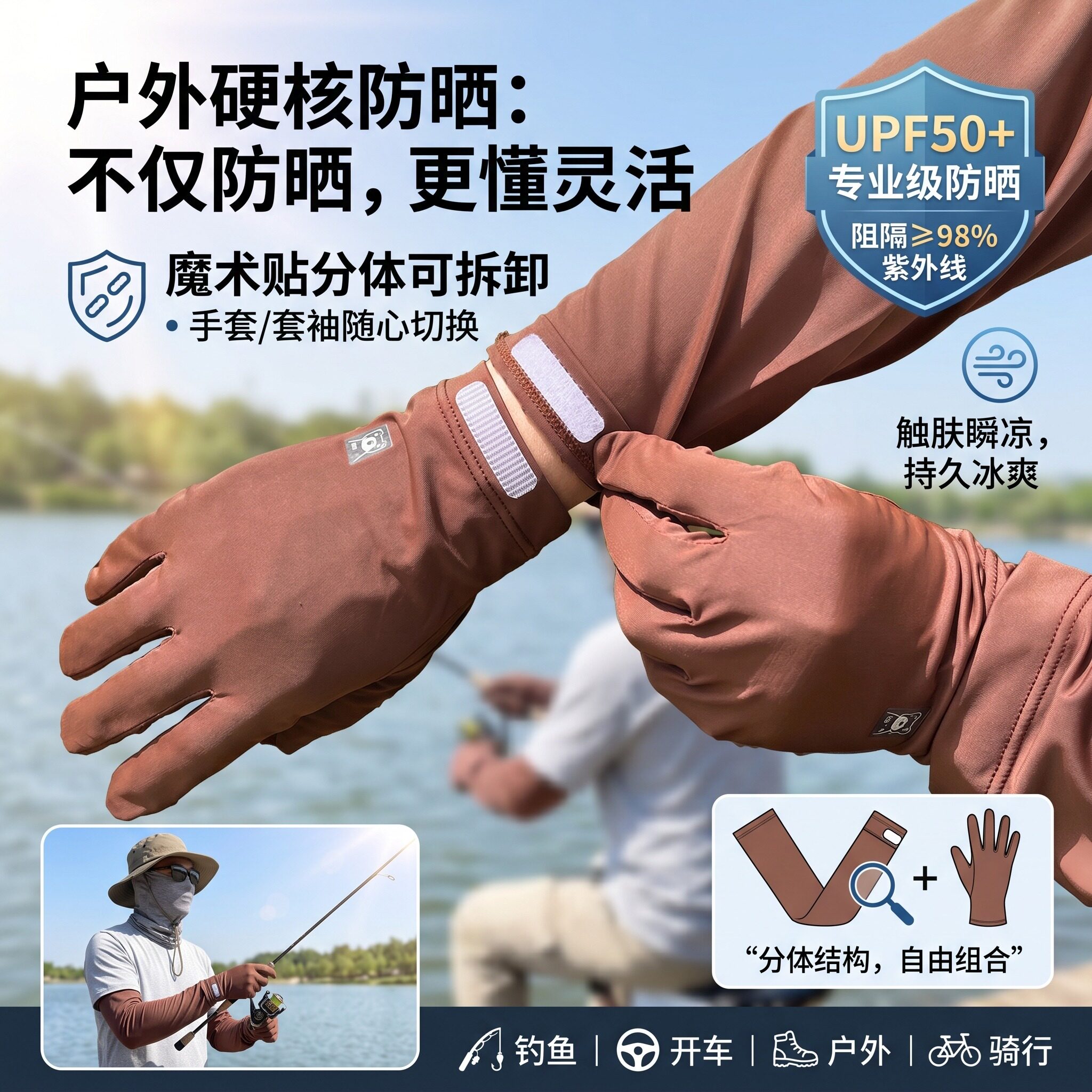 冰袖男款防晒工地干活防晒手套冰袖一体超轻薄冰丝防晒手套凉感夏