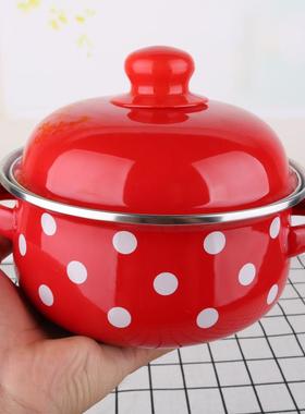 搪瓷汤盆家用16.18cm带盖汤碗小号防烫双耳锅碗老式炖汤锅可加热