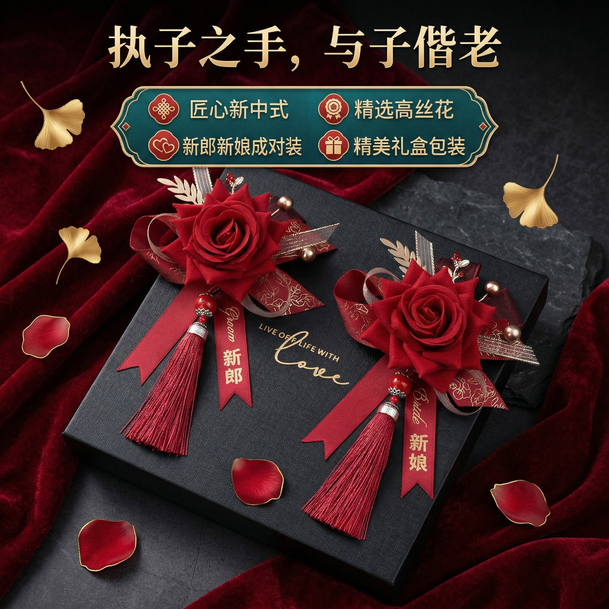 结婚胸花磁吸新郎新娘胸针高档立体绒布红玫瑰家人全套襟花新款
