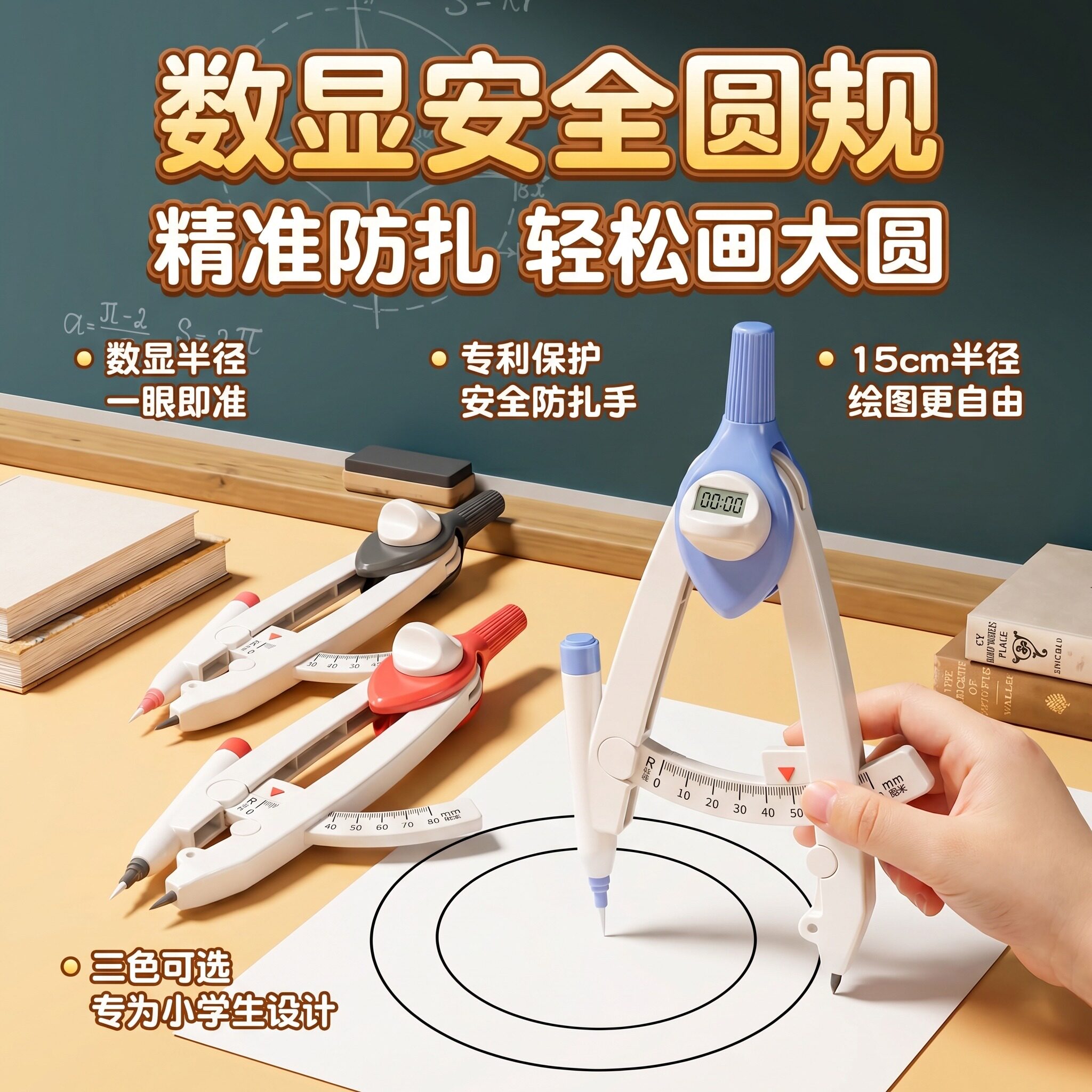 带刻度的圆规小学生三年级专用按动附替换笔芯多功能锁距尺规初高中生