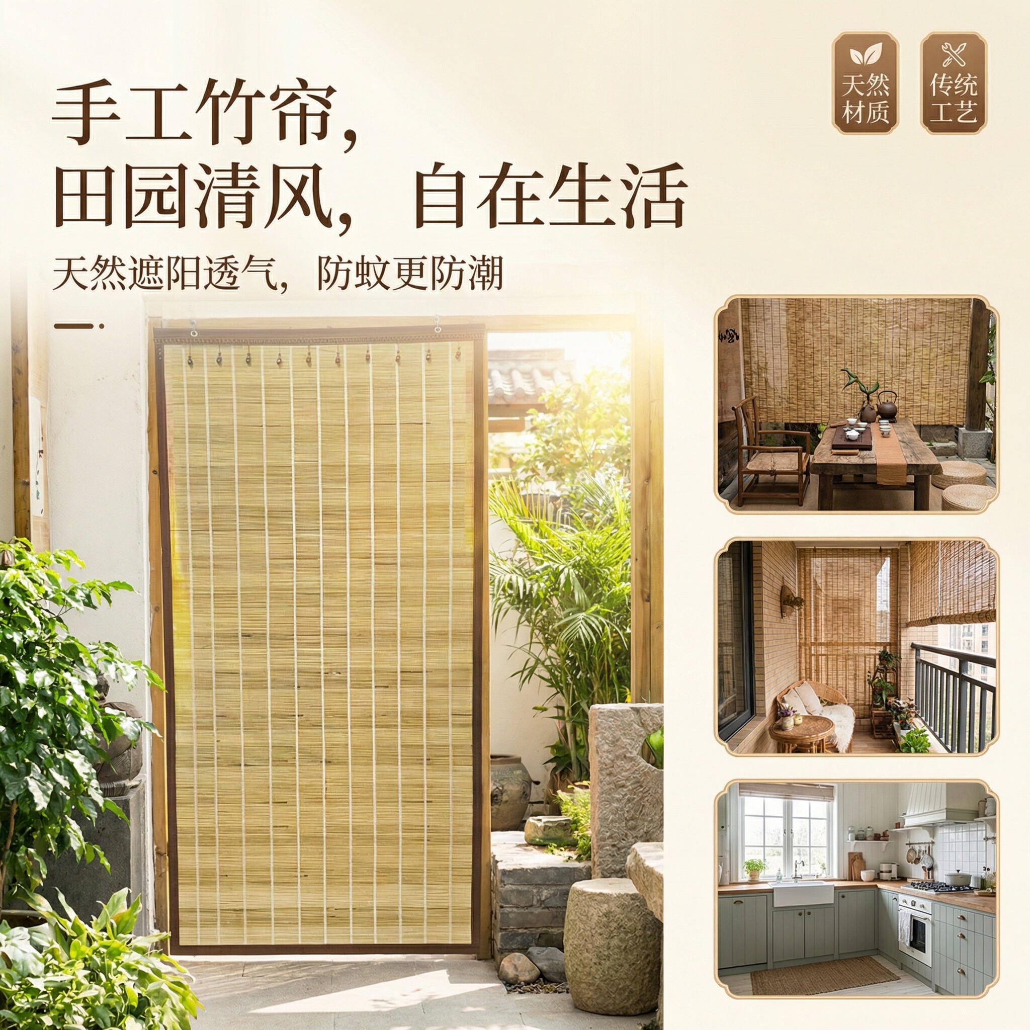 农村老式门帘平房家用四季通用夏天防蚊子自建房竹帘透气遮挡帘