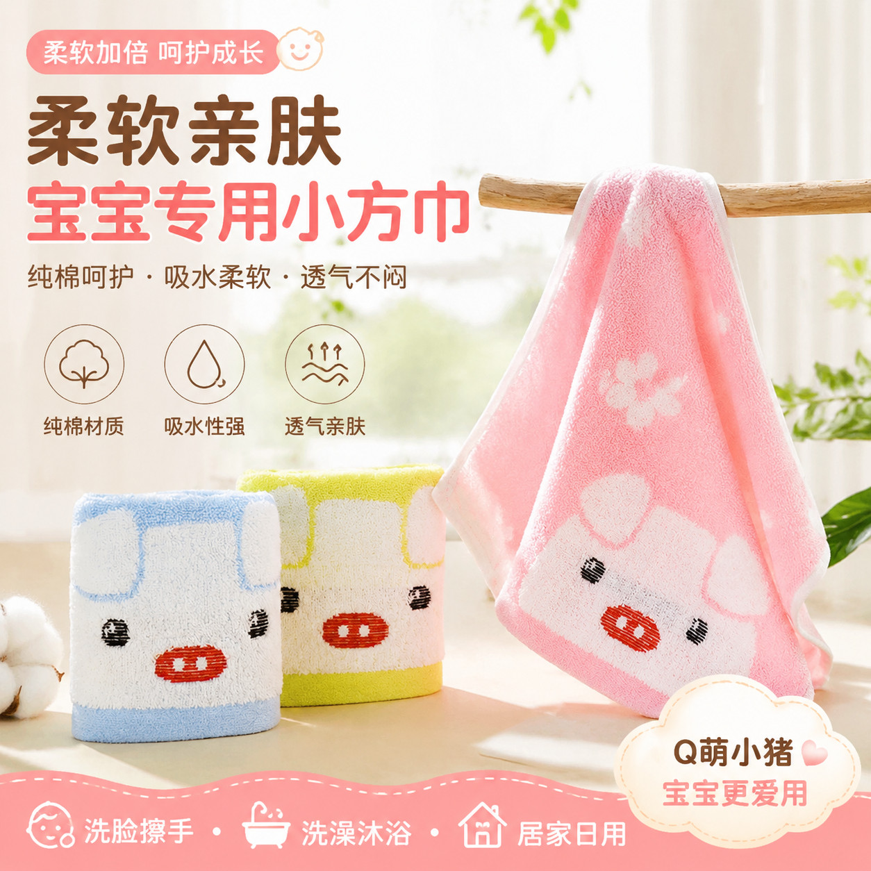 小朋友洗脸毛巾透气宝宝纯棉家用儿童婴幼儿专用擦手柔软小方巾