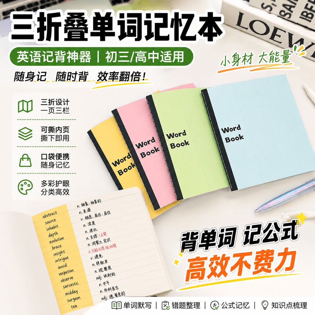 三折叠单字本英语记背神器本子高中初三默写可携式可撕记忆本口袋本