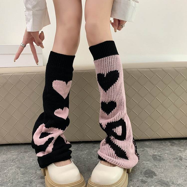 袜子小腿袜jk制服阔腿针织袜套千禧辣妹爱心
