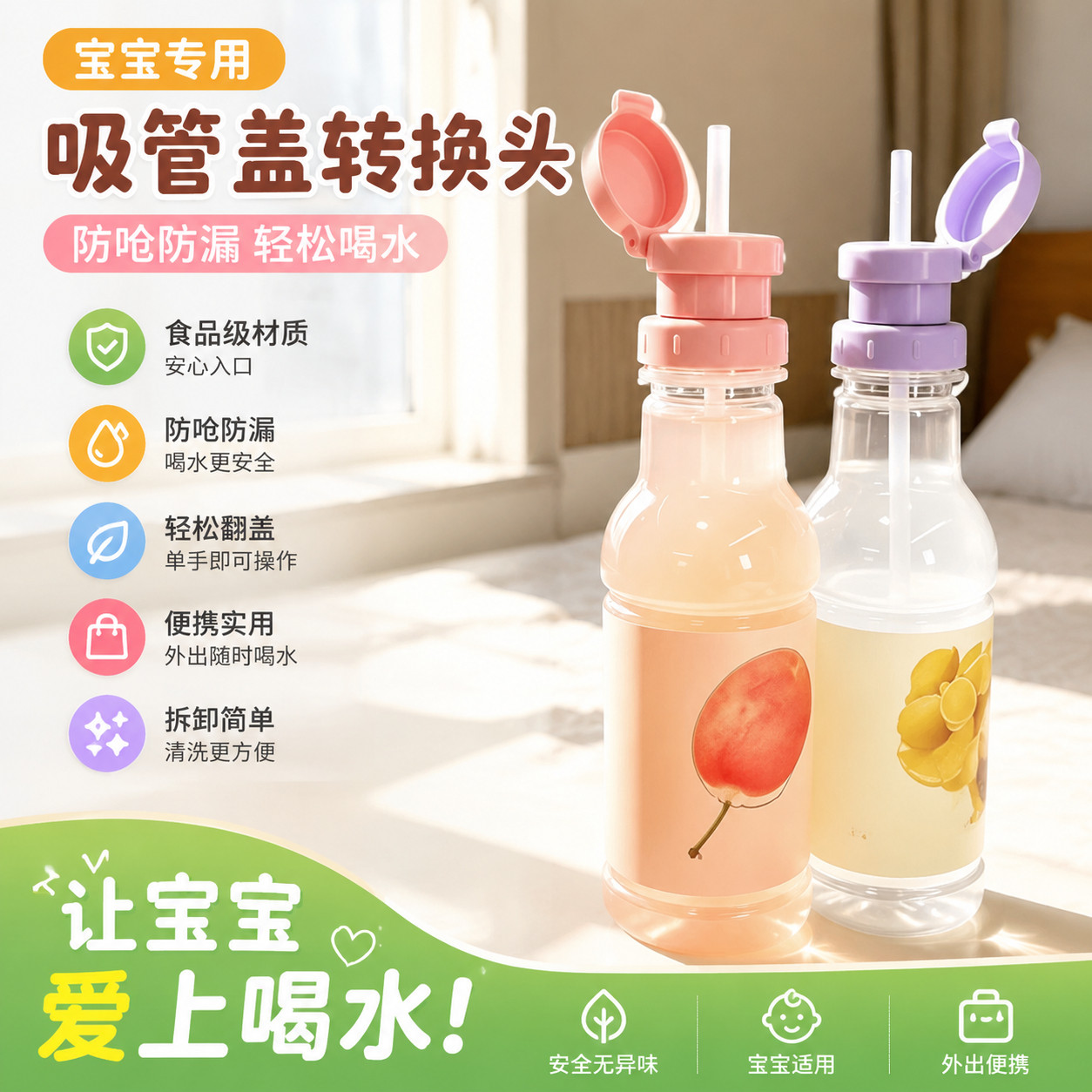 矿泉水吸管盖食品级宝宝转换头儿童饮料可携式喝水神器防呛水瓶盖图片