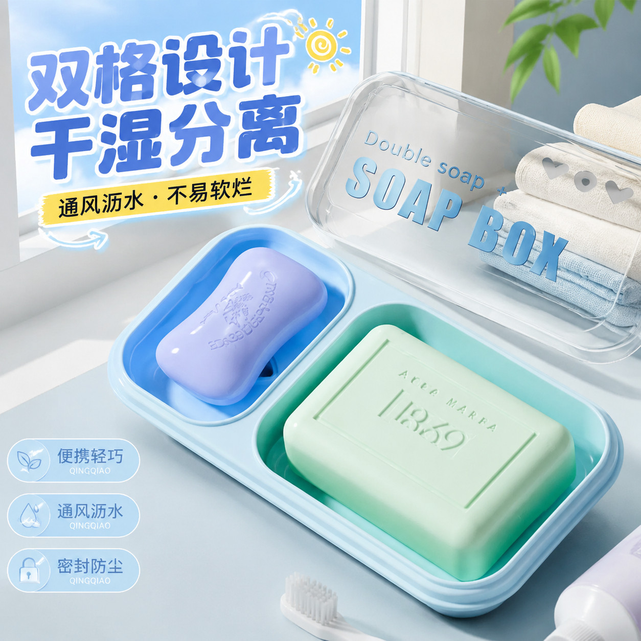高中生住校肥皂盒学生宿舍两个一体大号带盖沥水香皂盒家用收纳盒