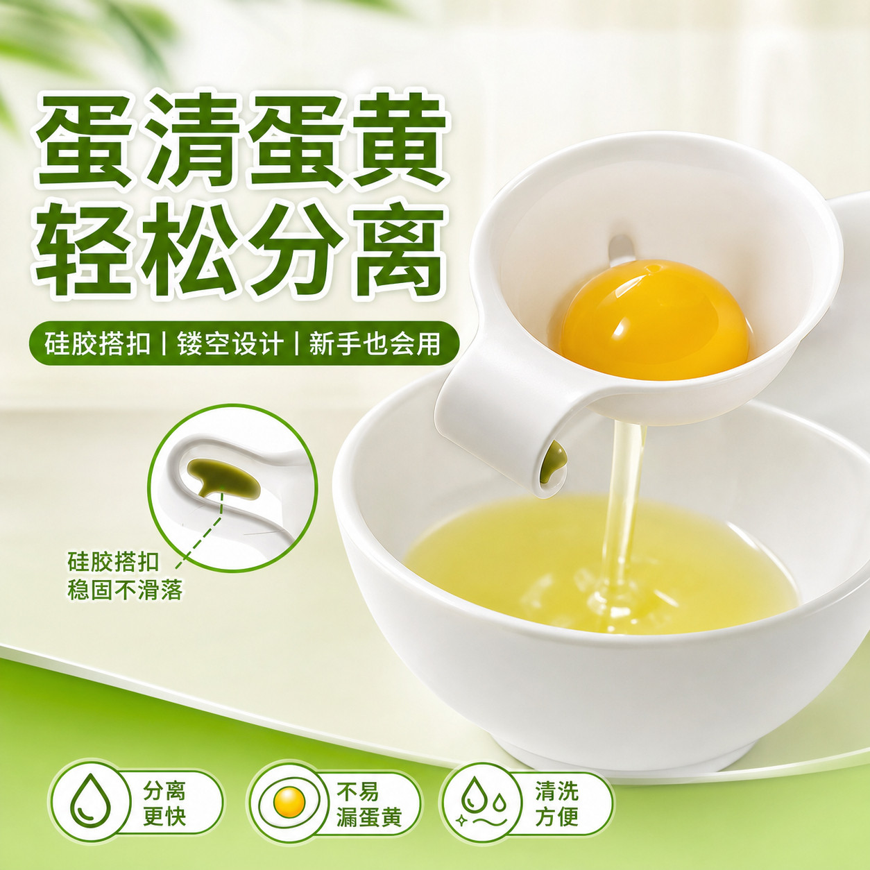 蛋黄分离器家用厨房创意卡住碗边蛋液分离器食品级鸡蛋蛋清分蛋器
